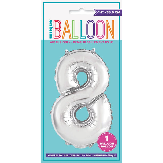 Silver Number 8 Shaped Foil Balloon 14", Packaged