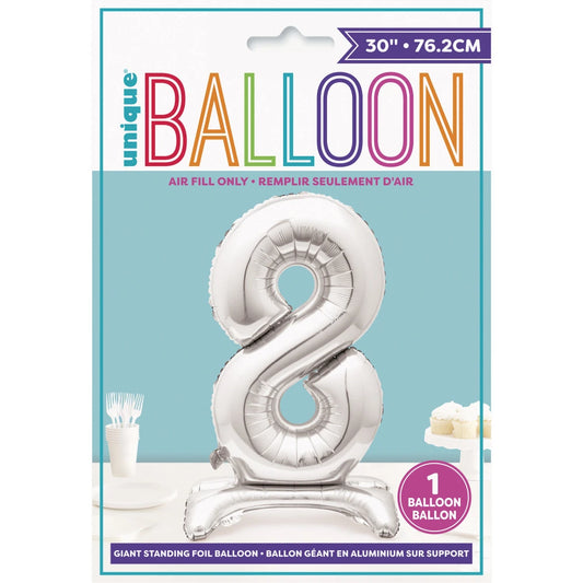 Silver Number 8 Shaped Standing Foil Balloon 30", Packaged