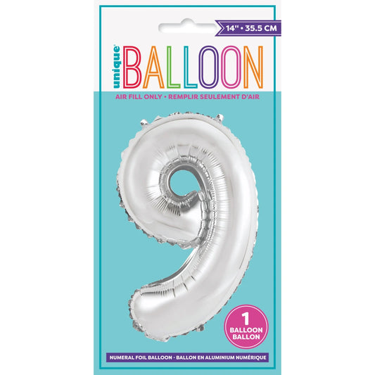 Silver Number 9 Shaped Foil Balloon 14", Packaged