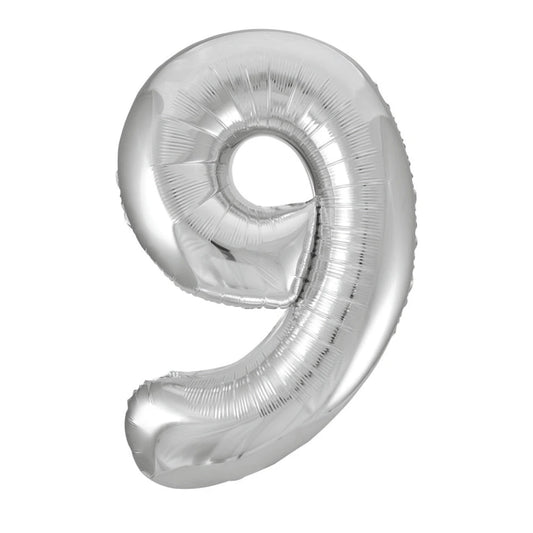 Silver Number 9 Shaped Foil Balloon 34", Packaged