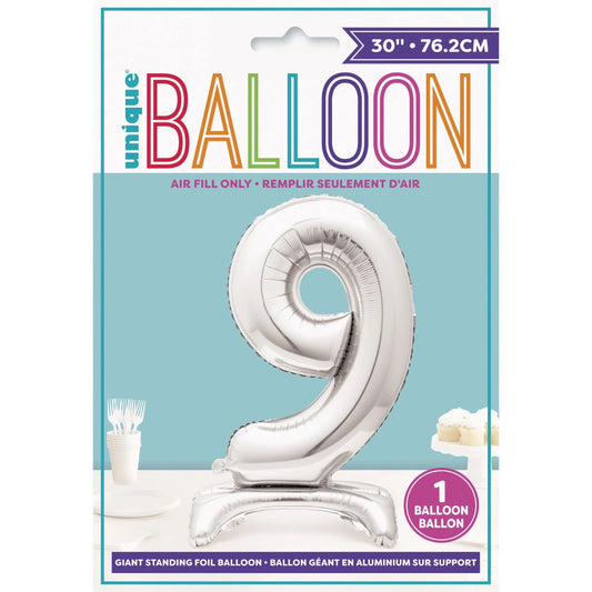 Silver Number 9 Shaped Standing Foil Balloon 30", Packaged